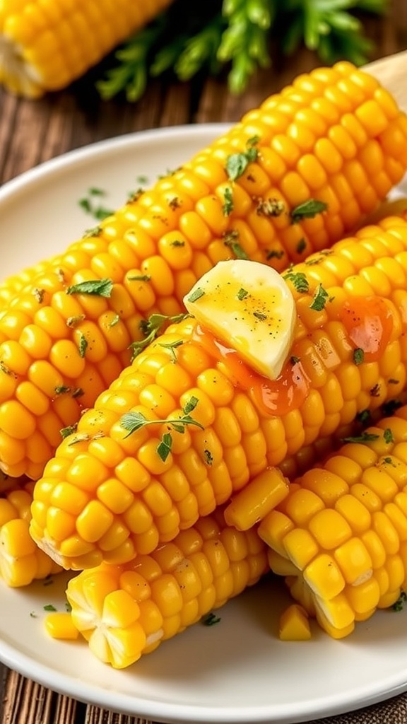 Freshly cooked corn on the cob with butter and herbs on a rustic wooden table.